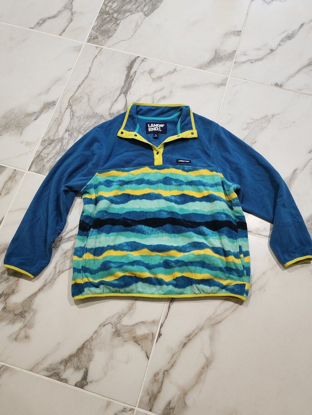 Lands' End Womans Blue, Yellow & Aqua Striped Fleece Snap Pullover - XL